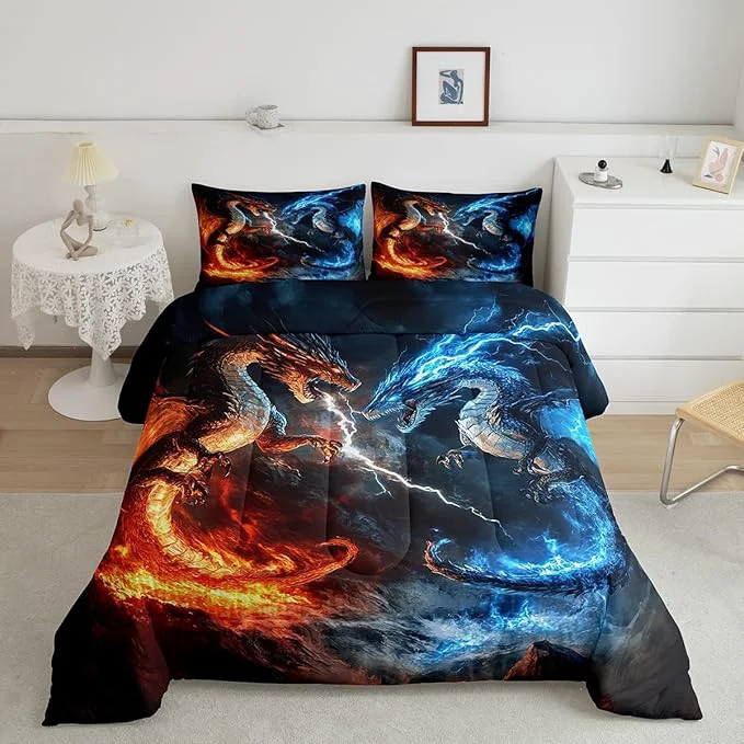 Soft Feelyou Dragon Comforter Set Queen Size Dragon Stuff Comforter for Boys Girls Teens Wild Life Bedding Set Thunder and Lightning Duvet Set Room Decor Blue Orange Quilt Set Durable