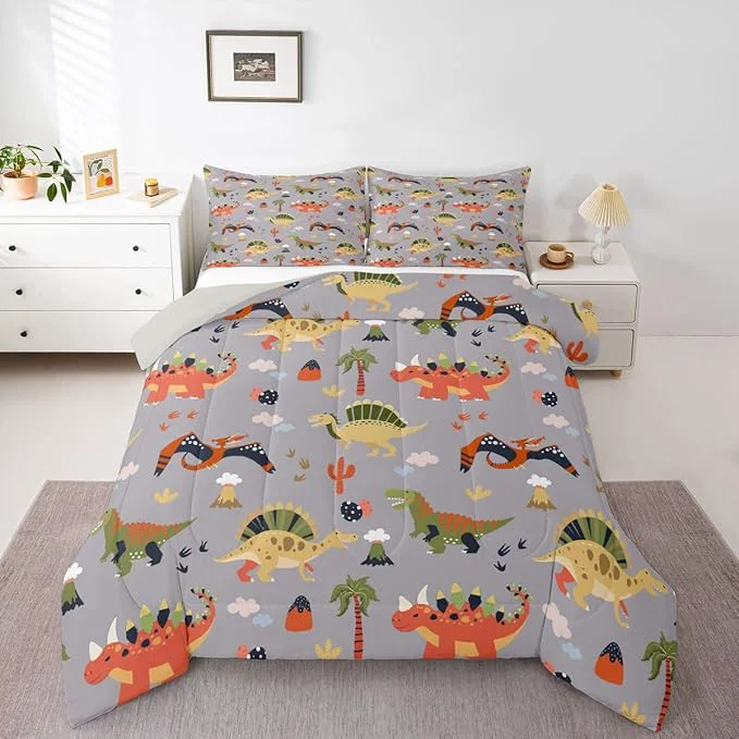 Feelyou Cartoon Dinosaur Comforter Set All Season Cute Bedding Set with 1 Pillow Cases Jungle Dino Kids Toddler Bedclothes Wild Animal Bedroom Decor Gray Duvet Quilt Breathable Soft Premium Material