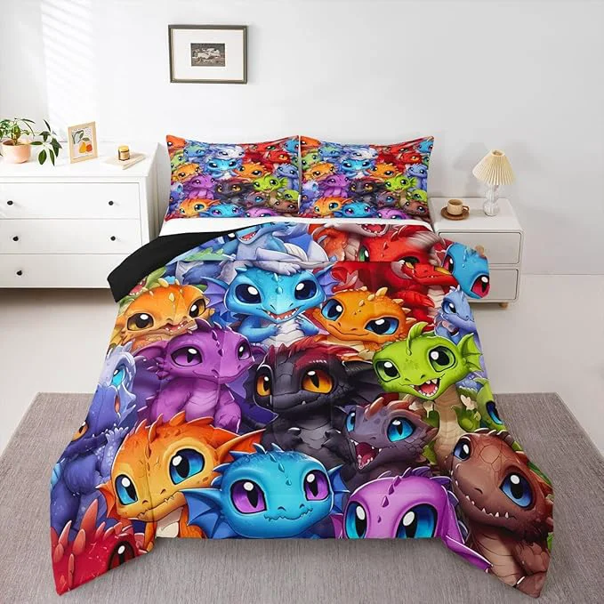Relaxed Feelyou Dragon Comforter Set All Season Dragon Stuff Bedding Set with 1 Pillow Cases Wild Life Kids Toddler Bedclothes Wildlife Bedroom Decor Colorful Duvet Quilt Breathable Soft Lightweight Contemporary