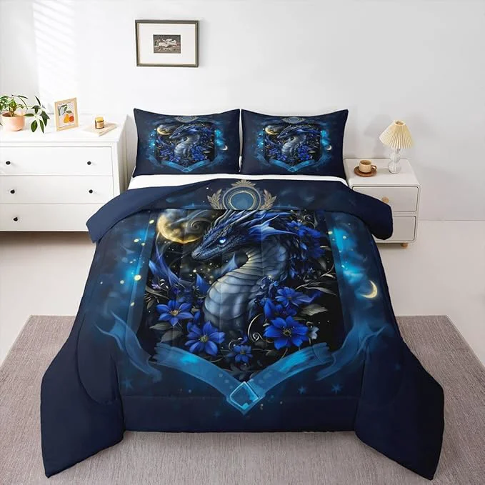 Fast Feelyou Dragon Bedding Set Soft for Boys Girls Wild Life Comforter Set King Size Jungle Dragon Duvet Quilt Microfiber Wild Animal Bedroom Decor Dull Blue 3 Pcs with 2 Pillow Cases Relaxed