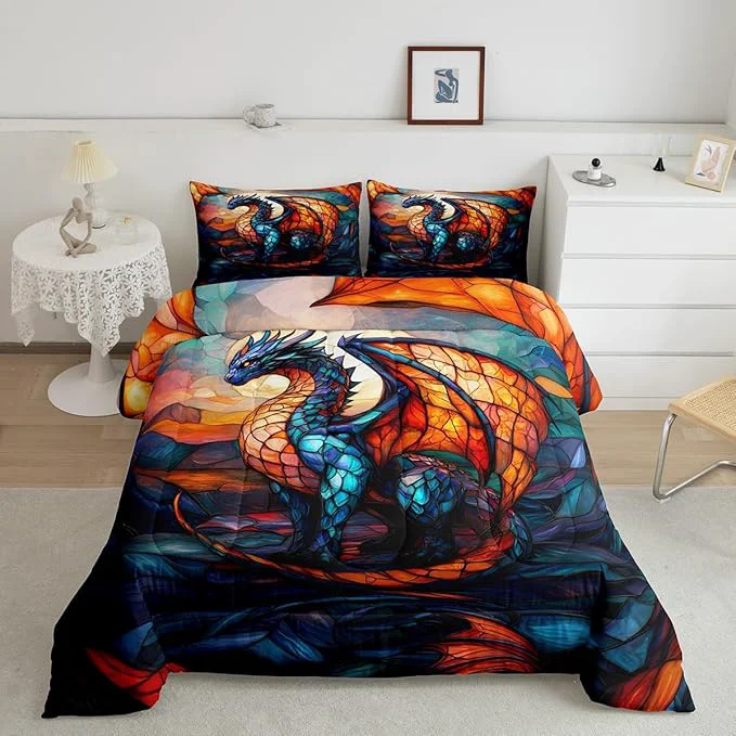 Smooth Feelyou Dragon Comforter Set Full Size Dragon Stuff Comforter for Boys Girls Teens Wild Life Bedding Set Orange Blue Duvet Set Room Decor Quilt Set High-End