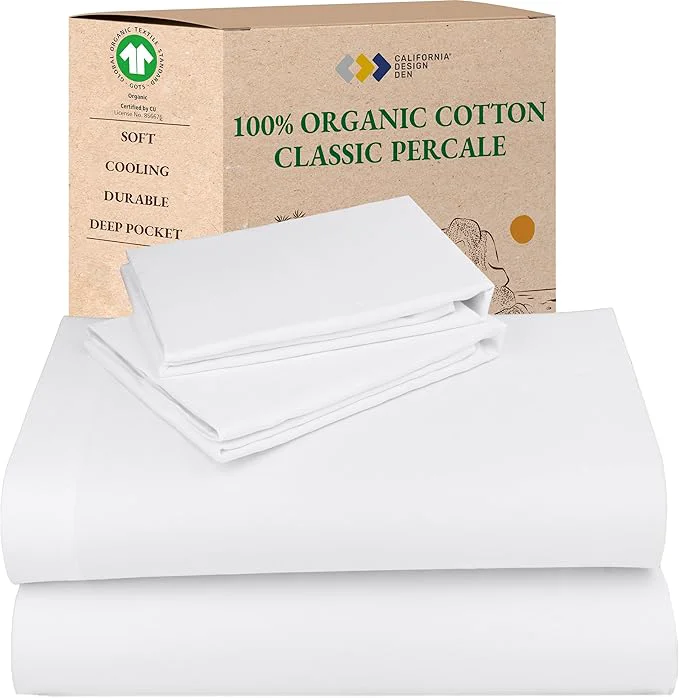 Unique California Design Den Queen Sheet Set – Soft Organic Cotton Sheets with Deep Pockets Crisp Percale Breathable and Durable Bedding Set – White Genuine