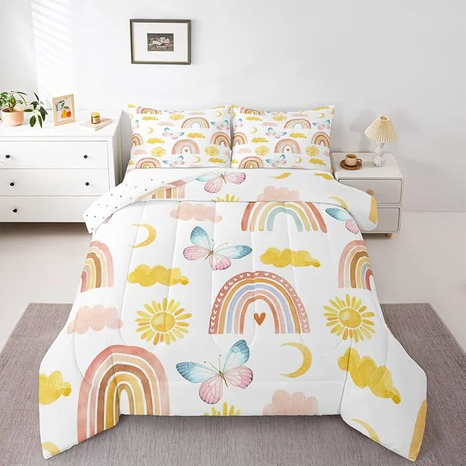 High-Grade Rainbow Comforter Set Full Size Girls Butterfly Bedding Sets Cartoon Rainbow Quilt Sets Colorful Sun Clouds Comforters Iridescent Print Down Comforter Geometric Stripes Soft Lightweight Bedding Natural
