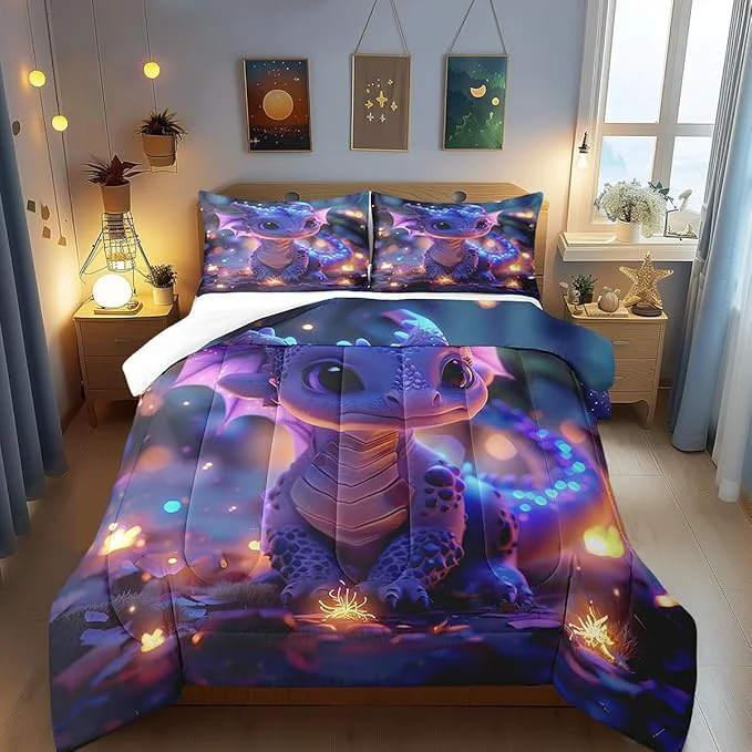 Top-Quality Castle Fairy Cute Dragon Bedding Set Full Size Mysterious Jungle Comforter for Child Toddler Teens Kawaii Western Dragon Animal Down Comforter Glitter Plant Duvet Insert with 2 Pillowcases Organic
