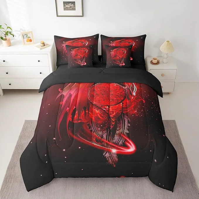 Convenient Erosebridal Gothic Dragon Dream Catchers 7 Piece Comforter Set Full Bed in a Bag Red Galaxy Bohemian Feather Bedding Sets Antique Animal Pterosaur Sheet Set with Comforter Stylish