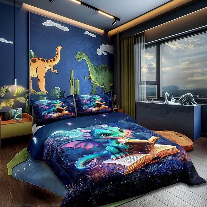 Reliable Cartoon Dragon Bedding Set Full Size al Jungle Night Comforter Set Gift Dragons Lover Son Birthday Room Decor Cute Dragon Books Print Blanket Starry Moon Sky Quilt Set with 2 Pillowcase Lightweight