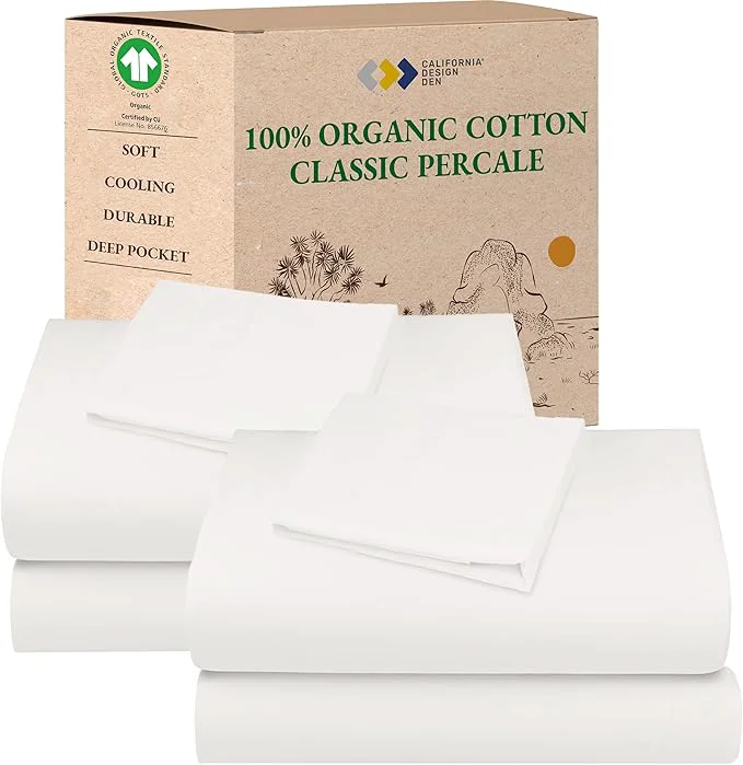 Environmentally Friendly California Design Den 2-Pack Extra Long Twin Sheets Set – Organic Cotton Bed Sheets Crisp Percale Feel Deep Pockets Lightweight Bedding Set – True Ivory Contemporary