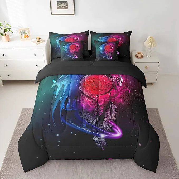 World-Class Erosebridal Gothic Dragon Dream Catchers Bed in a Bag Queen Comforter Set 7 Piece Purple Blue Galaxy Bohemian Feather Bedding Sets Antique Animal Pterosaur Sheet Set with Comforter Innovative