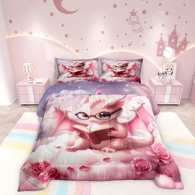 Advanced Kawaii Dragon Comforter Set Full Size for Kids Western al Animal Bedding Sets All Season Pink Rose Flower Castle Quilt Set Bedroom Decor Dreamy Gradient Sky Down Comforter 3Pcs Safe