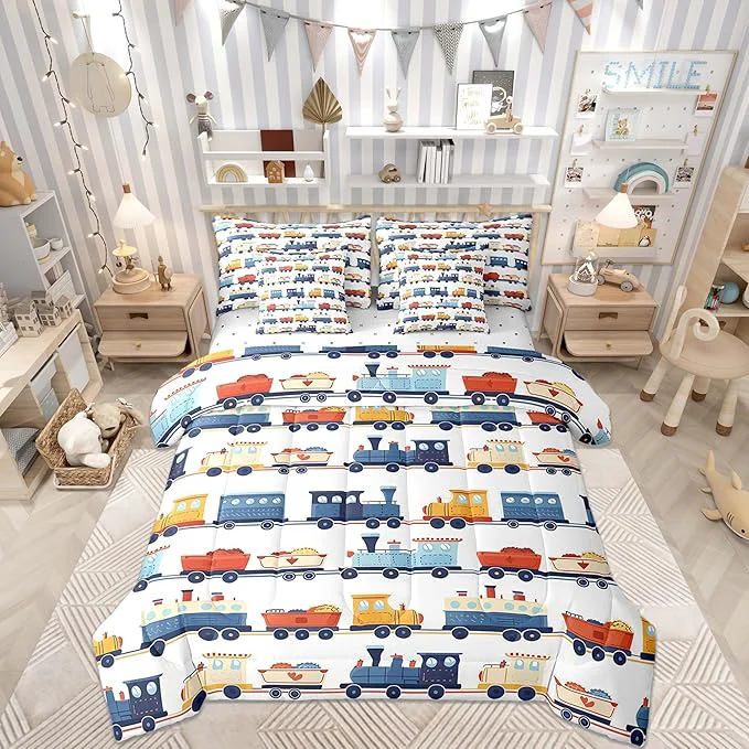 Solid Cartoon Train Comforter Set King Size Transport Vehicles Bedding Set for Kids Teens Vintage Train Tracks Comforter Fitted Flat Sheet 2 Pillowcases 2 Throw Pillow Covers 7 Pieces Sophisticated