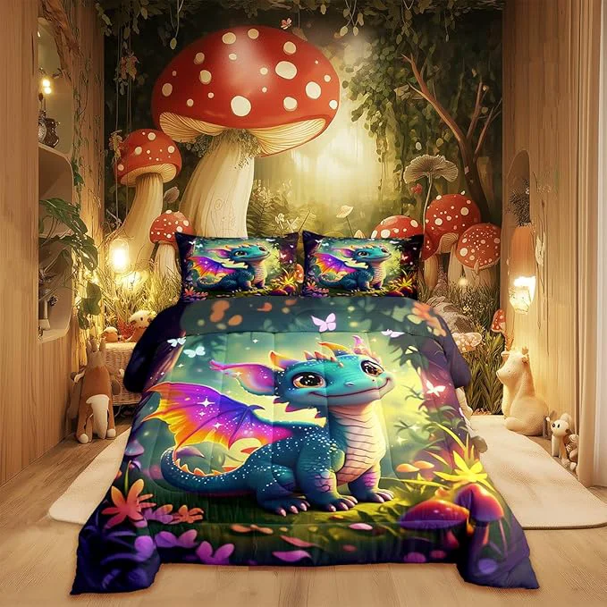 Long-Lasting Cute Dragon Comforter Set Full Size Mushroom Floral Butterfly Bedding Set Bedroom Decor for Kids Boys Girls Fantasy Purple Orange Wings Dragon All Season Blanket Gift Dragons Lover Son Birthday 3Pcs High-Grade