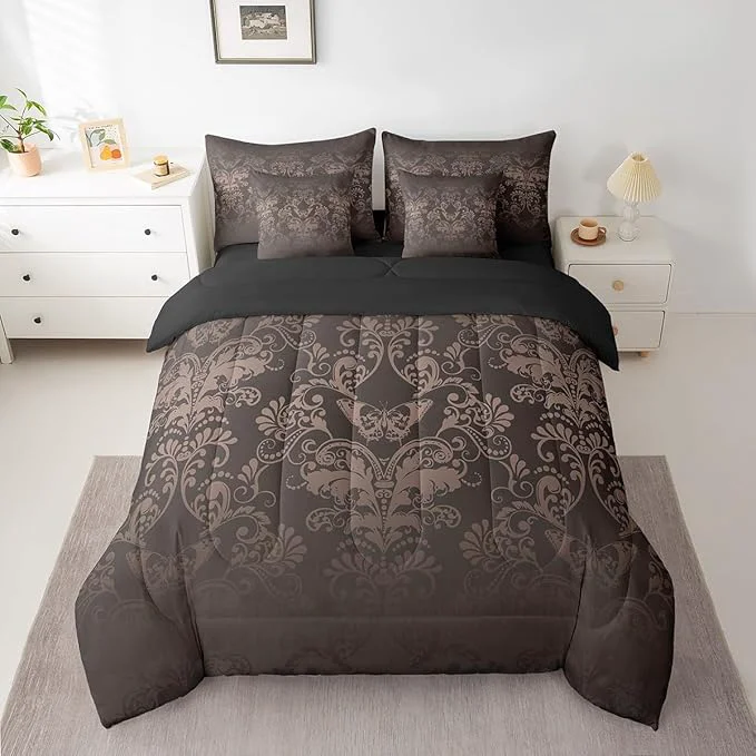 Eco-Friendly Erosebridal Gothic Damask Bed in a Bag Queen Comforter Set 7 Piece Butterfly Skull Bedding Sets Black Brown Victorian Floral Goth Sheet Set with Comforter Elite