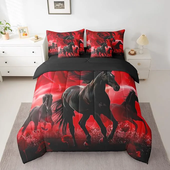 Fashionable Erosebridal Horse 7 Piece Comforter Set Full Bed in a Bag Red Rose Flowers Bedding Sets Western Animals Sheet Set with Comforter Original Design