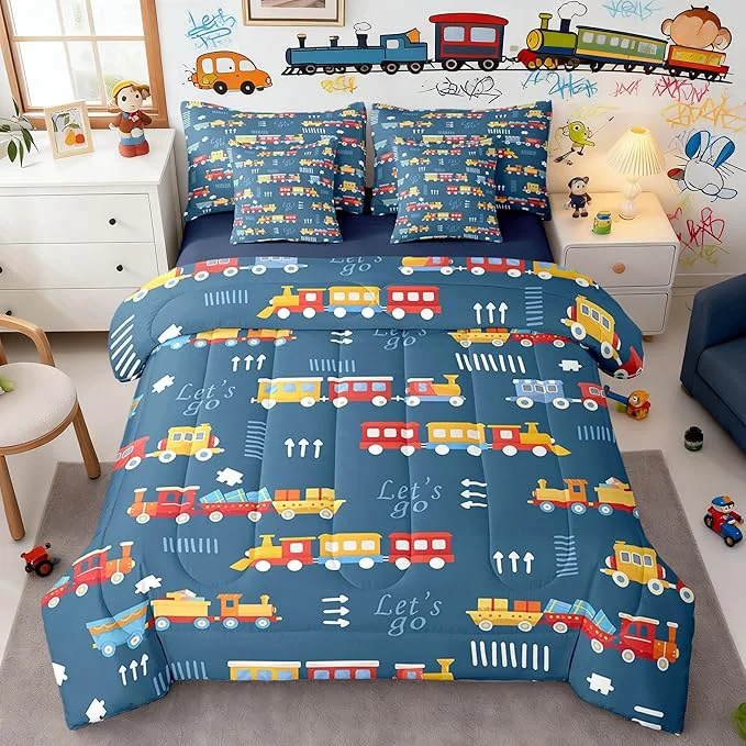 Organic 7 Pieces Cartoon Train Boys Full Comforter Set Hand Drawn Style Graffiti Decor Hippie Bedding Sets Red Yellow Cute Trains All Season Comforter Flat Sheet Fitted Sheet 2 Pillowcases 2 Pillow Covers Unique