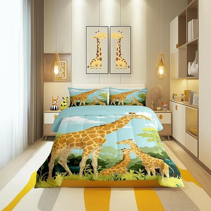 Efficient Cartoon Giraffe Comforter Set King Size for Kids Cute Tropical Wild Animal Bedding Sets All Season Blue Sky Jungle Trees Quilt Set Bedroom Decor Tallest Neck Animal Down Comforter 3Pcs Functional
