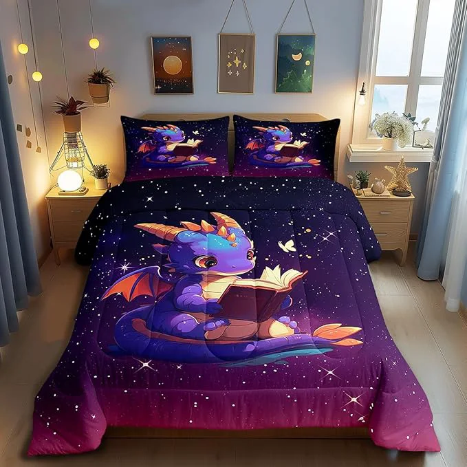 Environmentally Friendly Lovely Dragon Comforter Set King Size Purple Black Ombre Galaxy Bedding Set Bedroom Decor Cartoon Dragon Book Quilt Set Dreamy Glittering Print Starry Duvet Insert with 2 Pillowcases Clean