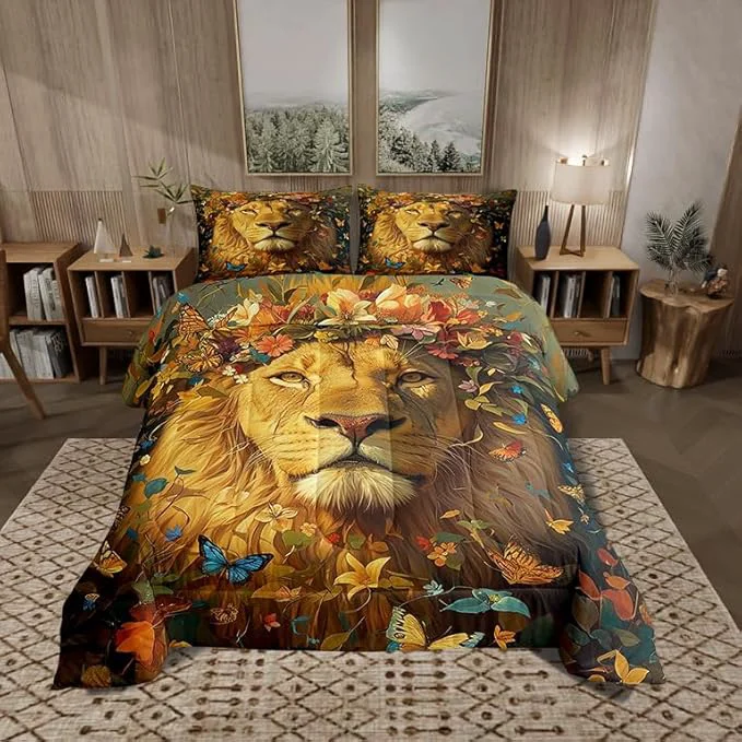 Artisan Castle Fairy Wild Lion Bedding Set King Size Spring Flowers Comforter for Child Toddler Teens African Lion Animal Down Comforter Watercolor Butterfly Duvet Insert Bedroom Decor with 2 Pillowcases Trusted