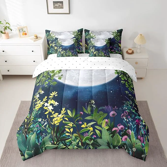 Prestigious Erosebridal Botanical 7 Piece Comforter Set Full Bed in a Bag Jungle Plant Leaves Galaxy Bedding Sets Stars and Moon Sheet Set with Comforter Genuine