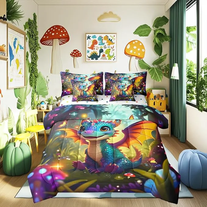 Soft Cartoon Dragon Bed in a Bag Comforter Set Western al Animal King Size 7 Pieces for Kids Cute Jungle Mushroom Botanical Bedding Set with Comforter Sheet Set Pillowcases Pillow Covers Easy-to-Use