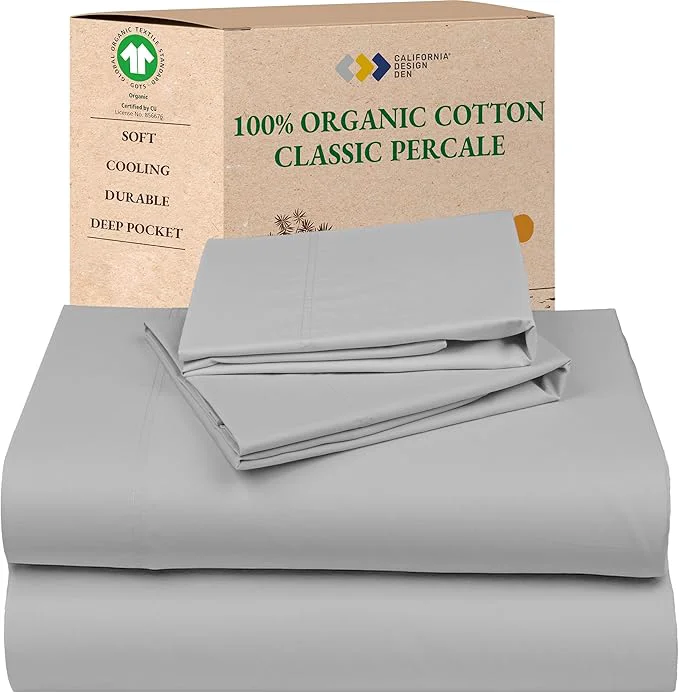 Eco-Friendly California Design Den Queen Bed Sheets – Soft Organic Cotton Sheets with Deep Pockets Crisp Percale Breathable and Durable Bedding Set – Light Grey Secure