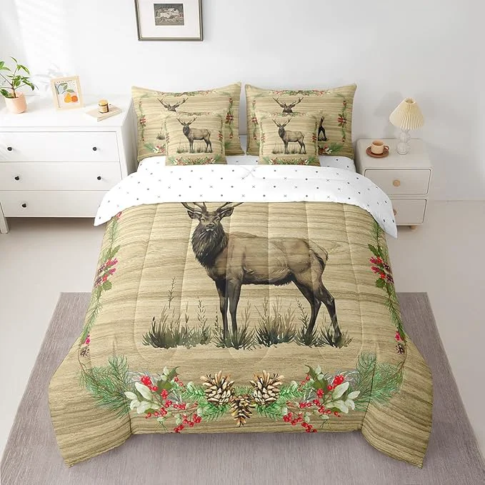 Sophisticated Reindeer Bed in a Bag King Size Comforter Set 7 Pieces Woodland Animals Bedding Sets Rustic Elk Deer Moose Sheet Set with Comforter Original