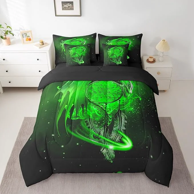 Crafted Erosebridal Gothic Dragon Dream Catchers Bed in a Bag King Size Comforter Set 7 Pieces Green Galaxy Bohemian Feather Bedding Sets Antique Animal Pterosaur Sheet Set with Comforter Detailed
