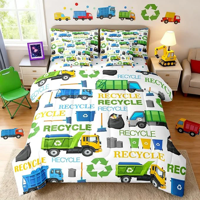 Pure 7 Pcs Garbage Truck Queen Size Bedding Sets Recycling Trucks Decor Comforter Set Cartoon Car Vehicle Trash Can Bed in a Bag with Comforter Flat Sheet Fitted Sheet 2 Pillowcases 2 Pillow Covers Top-Quality