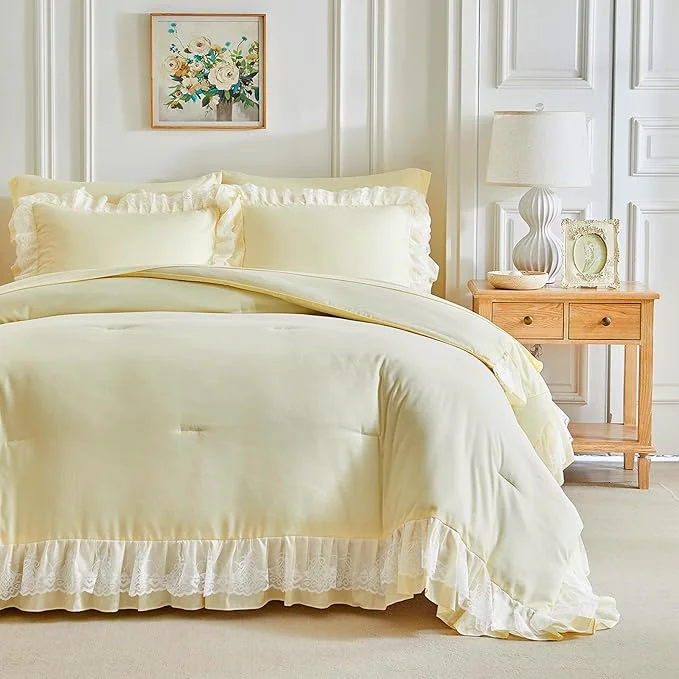 Classic Joyreap King Size Comforter Set Yellow 3pcs Lace Ruffled Bedding Comforter Set Microfiber Vintage Boho Chic Bedding Set for All Season- 100×88 inches Unique