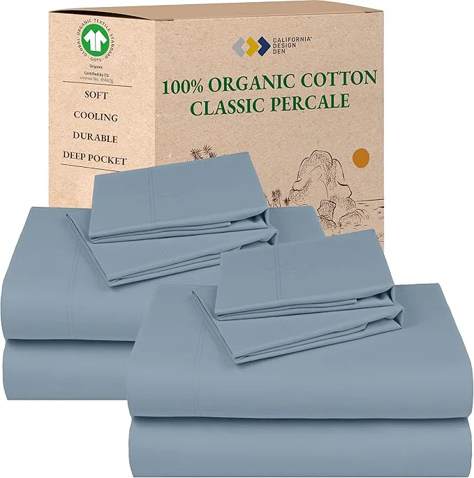 Crafted California Design Den 2-Pack Queen Bedsheet Sets – Organic Cotton Crisp Breathable and Lightweight Percale Deep Pocket Sheet amp Pillowcase Sets – Blue Hydrangea Certified