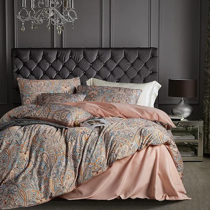 Carefully Designed Gold Duvet Cover Set 5 PCS Medallion Paisley Print Comforter Cover Set Bohemian Pattern Bedding Set Vintage Style Flower Duvet Cover Soft Reversible Design Paisley Queen Safe