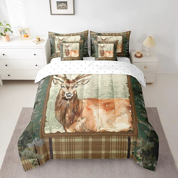 Smart Elk Deer Bed in a Bag Queen Comforter Set 7 Piece Woodland Animals Bedding Sets Camouflage Sheet Set with Comforter Fast