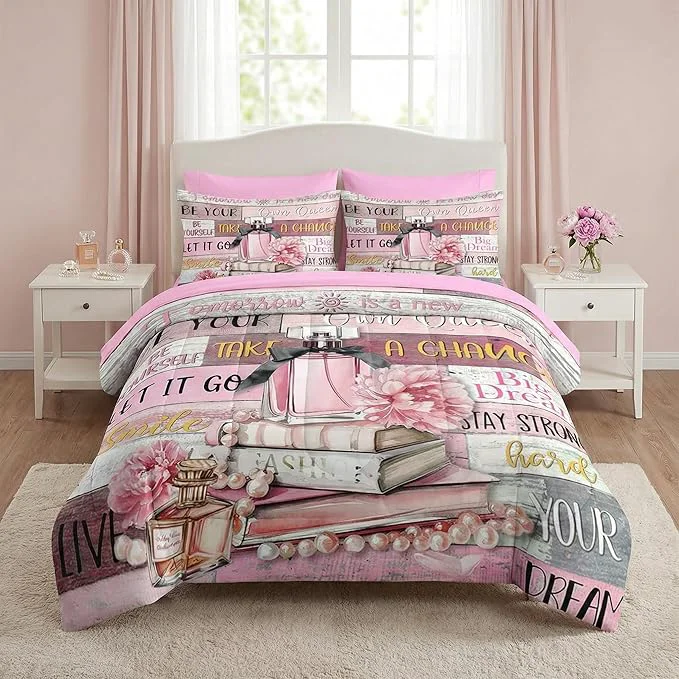 Proven Nesker Comforter Set Full Size Girly Hot Pink Perfume 7 Pcs Bedding for Kids and Adults Girls Quotes Motivational Book Bed Sheet Sets with Fitted Sheet 2 Pillowcases amp 2 Shams Traditional