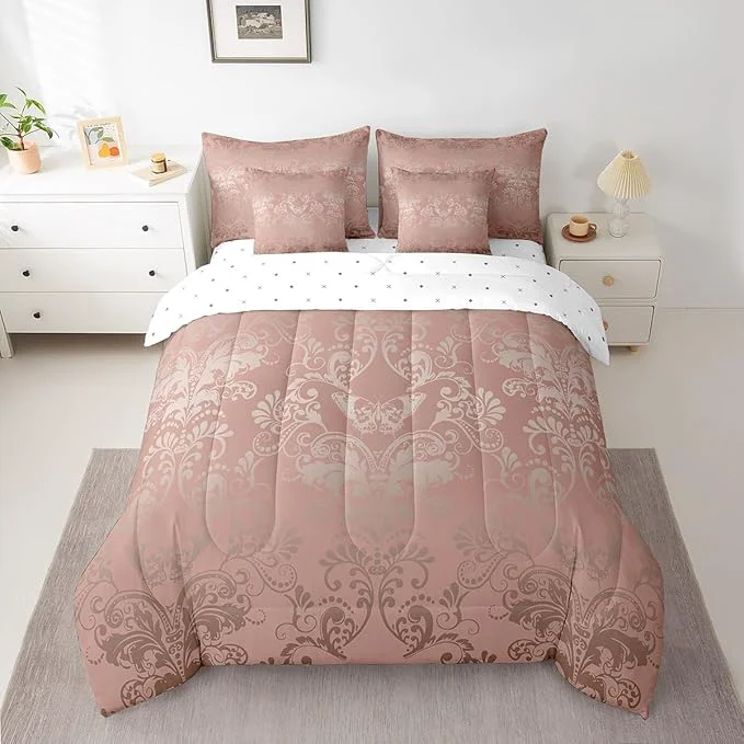 Selected Erosebridal Gothic Damask Bed in a Bag King Size Comforter Set 7 Pieces Butterfly Skull Bedding Sets Light Pink Victorian Floral Goth Sheet Set with Comforter Professional