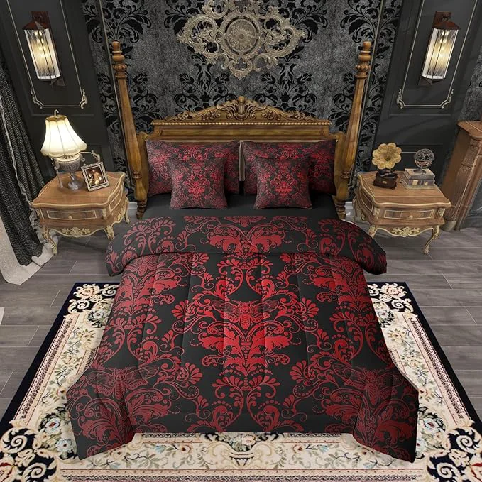 Refined Erosebridal Gothic Damask 7 Piece Comforter Set Full Bed in a Bag Exotic Moth Bedding Sets Red Black Victorian Floral Goth Sheet Set with Comforter Professional