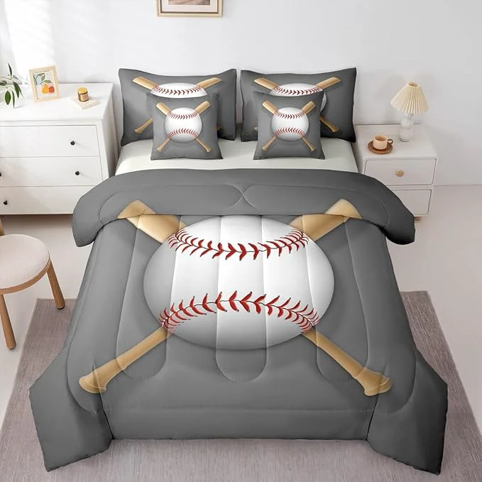 Unique Erosebridal Baseball Bat Comforter Set 7 Piece Bed in a Bag Twin Sports Ball Bedding Sets Ball Game Sheet Set with Comforter Stylish