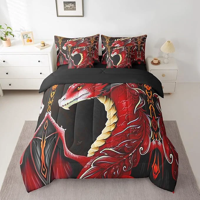 Solid Erosebridal 3D Dragon Bed in a Bag King Size Comforter Set 7 Pieces Vintage Gothic Red Dragon Bedding Sets Antique Wildlife Mythical Animal Sheet Set with Comforter Specialty