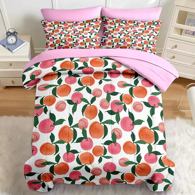 Authentic Nesker Comforter Set Full Size Floral Pink Peach 7 Pcs Bedding for Kids and Adults Sweet Fruit Vintage Bed Sheet Sets with Fitted Sheet 2 Pillowcases amp 2 Shams Long-Lasting