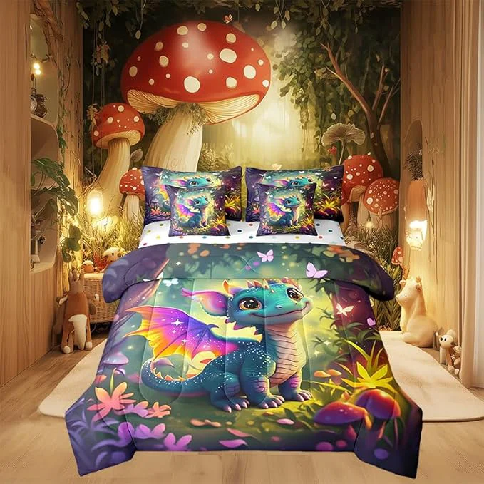 Excellent 7 Pieces Full Size Kawaii Dragon Comforter Set Fantasy Fairy Tale Jungle Bedding Set for Kids Room Decor Cartoon al Wildlife Comforter Fitted Flat Sheet 2 Pillowcases 2 Throw Pillow Covers Environmentally Friendly