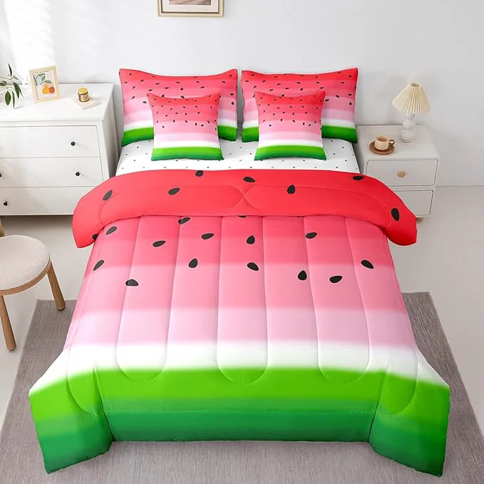 Fine Castle Fairy 7 Pcs Watermelon Bedding Sets Red Pink Green Stripes Print Comforter Set for Kids Teens Adults All Season Comforter Flat Sheet Fitted Sheet 2 Pillowcases 2 Throw Pillow Covers Queen Fast
