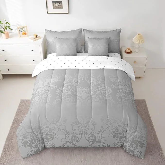 Fast Erosebridal Gothic Damask Bed in a Bag King Size Comforter Set 7 Pieces Exotic Moth Bedding Sets Grey Victorian Floral Goth Sheet Set with Comforter Healthy