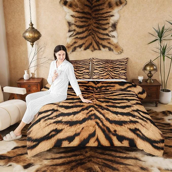 Clean 3D Tiger Skin Comforter Set Wild Africa Animals Bedding Set Twin Size Kids Teens Men Adult Home Room Decor Abstract Black Brown Stripes Quilt Set Romantic Vintage Duvet Insert 1 Pillowcase Recyclable