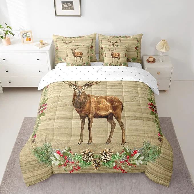 Organic Elk Deer Bed in a Bag King Size Comforter Set 7 Pieces Woodland Animals Bedding Sets Botanical Pinecone Sheet Set with Comforter Detailed