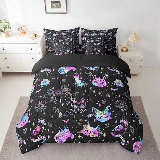 Verified Ombre Cat Skull Comforter Set King Size Black Galaxy Starry Bed Set 7pcs with Comforter Fitted Sheet Flat Sheet 2 Pillowcases 2 Throw Pillow Covers Gothic Constellation Bedding Set Unique