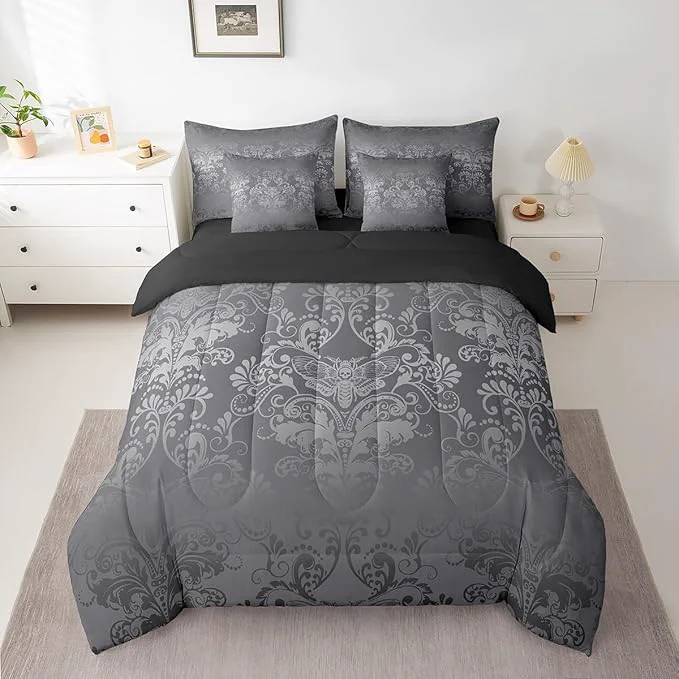 Verified Erosebridal Gothic Damask Bed in a Bag King Size Comforter Set 7 Pieces Exotic Moth Bedding Sets Silver Gray Victorian Floral Goth Sheet Set with Comforter Classic
