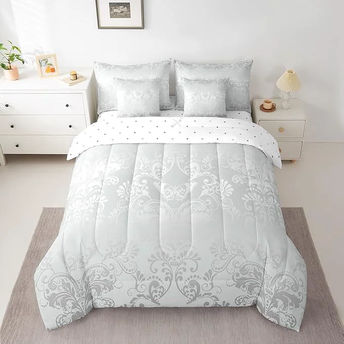 Unique Erosebridal Gothic Damask Bed in a Bag King Size Comforter Set 7 Pieces Butterfly Skull Bedding Sets Silver White Victorian Floral Goth Sheet Set with Comforter Traditional