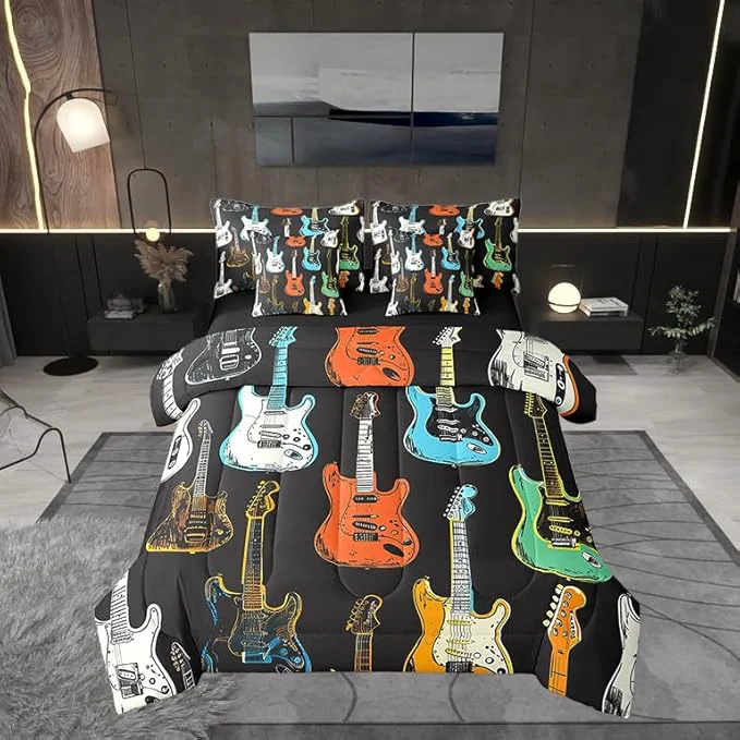 Detailed Castle Fairy Sketch Guitar Bass Comforter Set Musical Instrument 7 Piece Bed Set Full Size for Kids Modern Music Lover Bed in a Bag Bedding Set with Comforter Sheet Set Pillowcases Pillow Covers Traditional