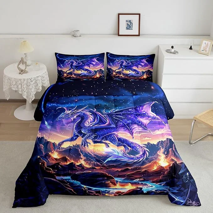 Smooth Dragon Comforter Set Full Size al Animals Bedding Set 3Pcs Kids Girls Boys Teens Room Decor Starry Sky and Flame Mountain Quilt Set Purple Western Wildlife Theme Duvet Insert 2 Pillowcases Environmentally Friendly