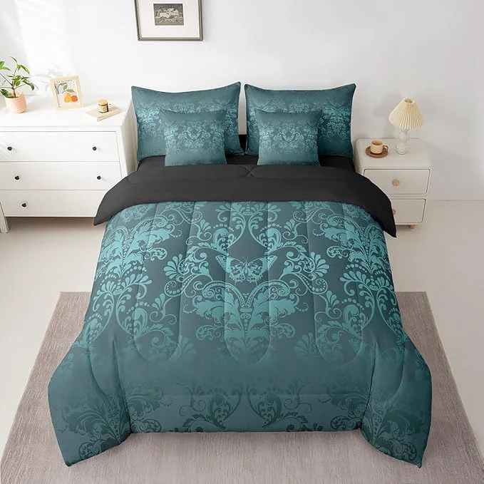 Prestigious Erosebridal Gothic Damask Comforter Set 7 Piece Bed in a Bag Twin Butterfly Skull Bedding Sets Turquoise Victorian Floral Goth Sheet Set with Comforter Secure