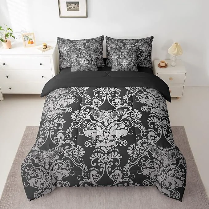 Consistent Erosebridal Gothic Damask Bed in a Bag Queen Comforter Set 7 Piece Exotic Moth Bedding Sets Black White Victorian Floral Goth Sheet Set with Comforter Fine