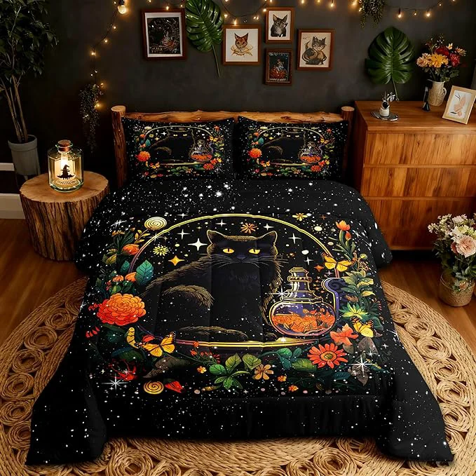 Powerful Kids Cartoon Cat Bedding Set Queen Size Colorful Flower Butterfly Leaves Botanical Comforter Set Bright Starry Sky Girls Boys Quilt Set Black Pet Animals Duvet Insert Boho Style 2 Pillowcases Contemporary